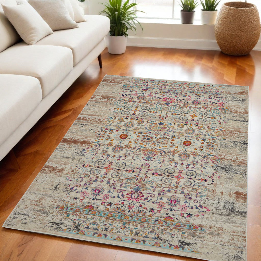 5' X 8' Ivory And Brown Floral Distressed Area Rug