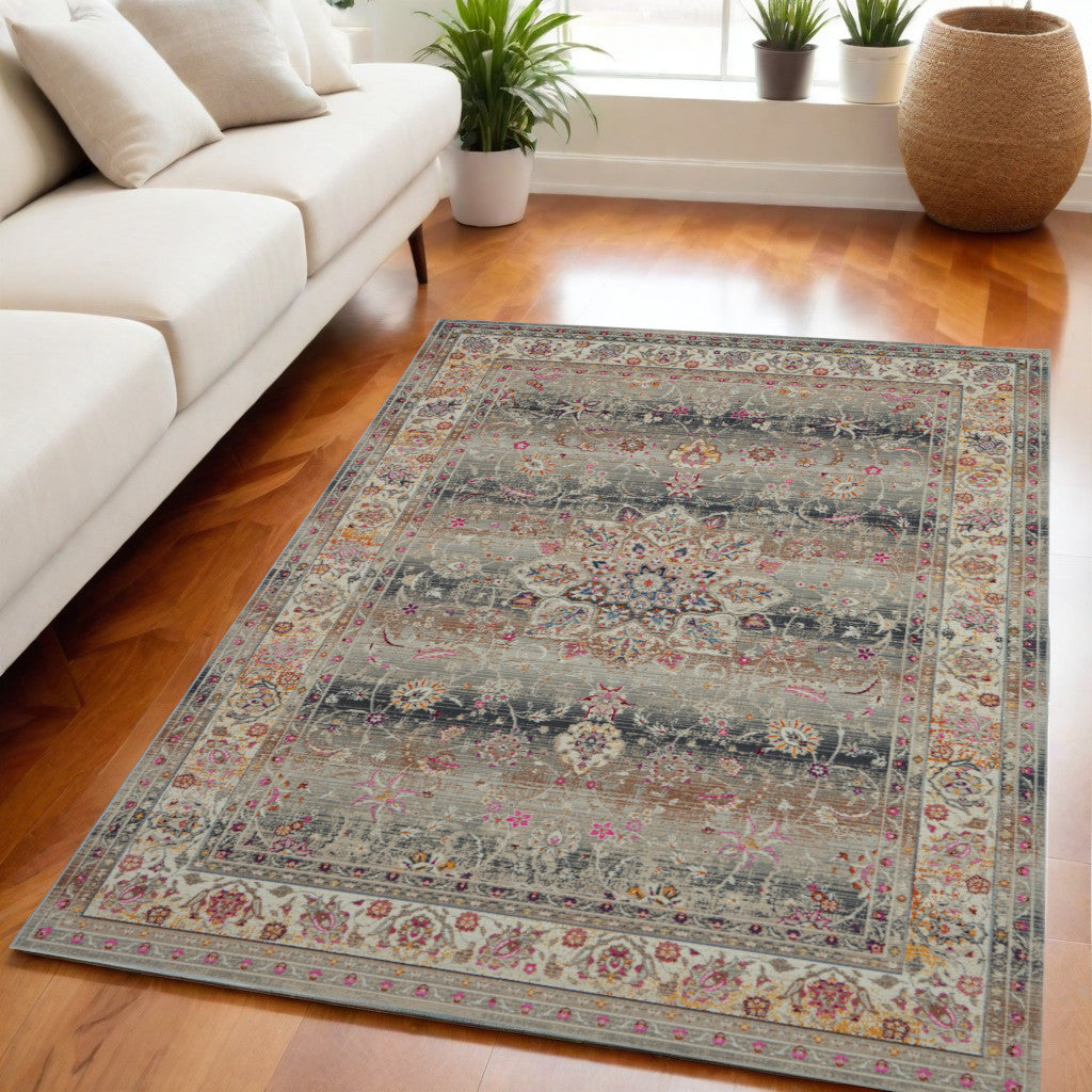 5' X 8' Ivory Brown And Gray Floral Distressed Area Rug