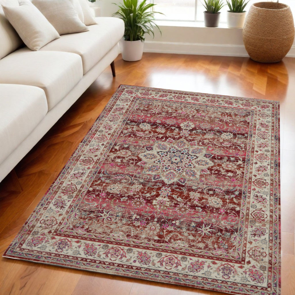 5' X 8' Ivory And Red Floral Distressed Area Rug