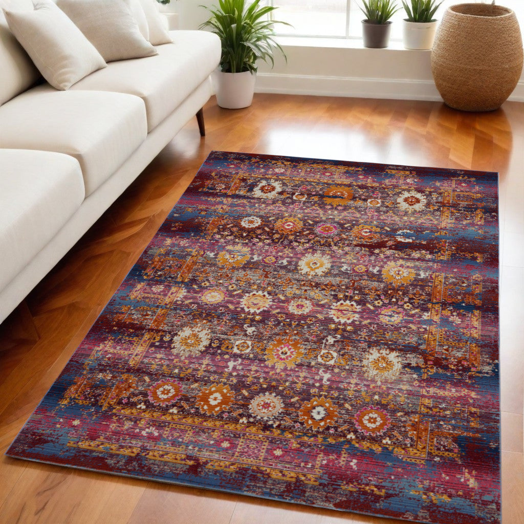 5' X 8' Blue Yellow And Red Floral Distressed Non Skid Area Rug