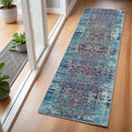 6' Blue Red And Orange Floral Distressed Runner Rug
