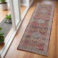 6' Ivory And Red Floral Distressed Runner Rug