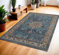4' X 6' Blue and Beige Floral Distressed Area Rug