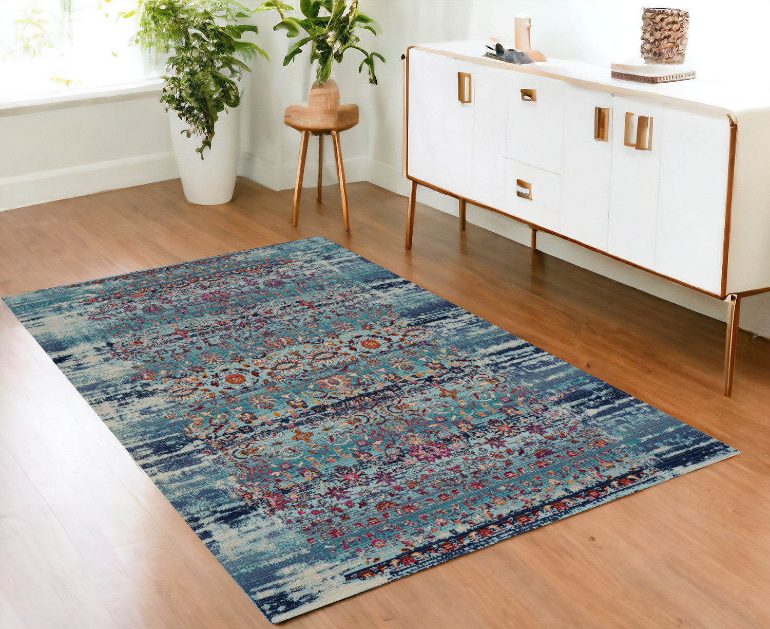 4' X 6' Blue Red And Orange Floral Distressed Area Rug