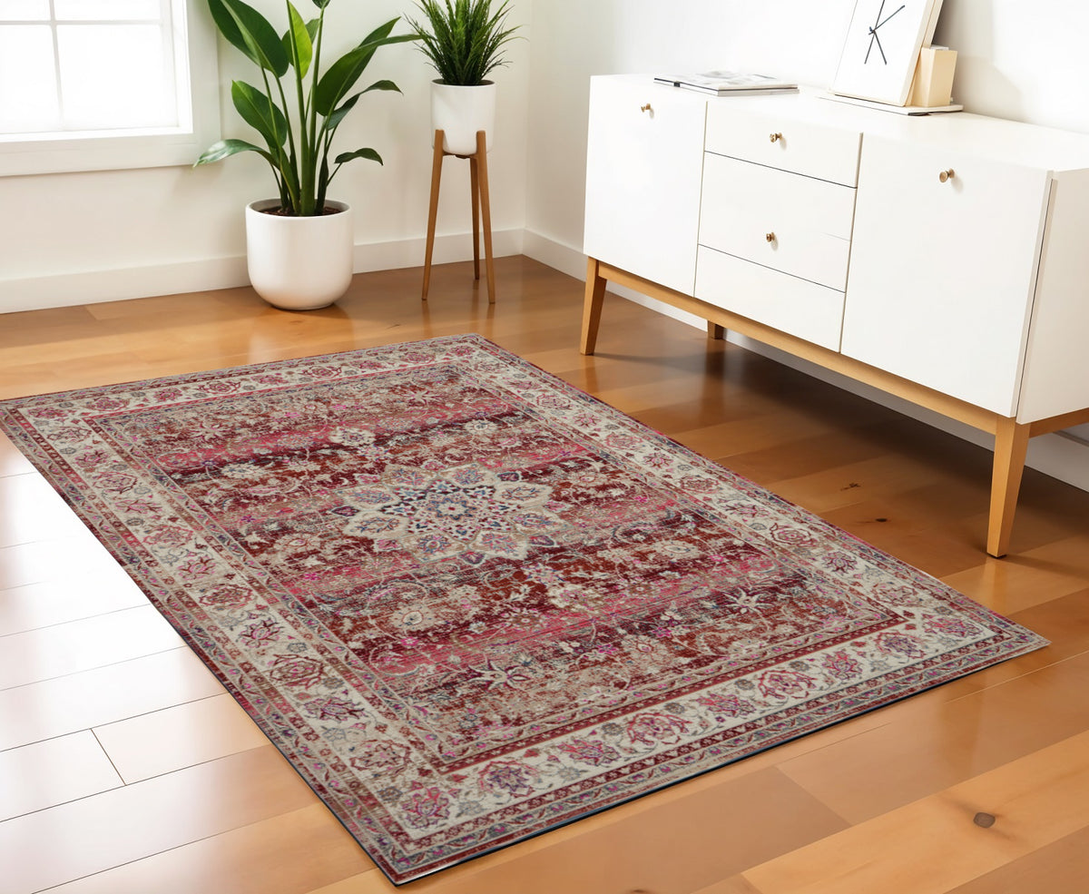 4' X 6' Ivory And Red Floral Distressed Area Rug