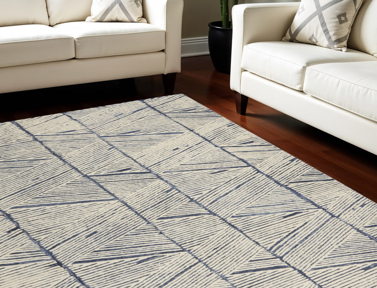 8' X 12' Blue And White Wool Geometric Area Rug