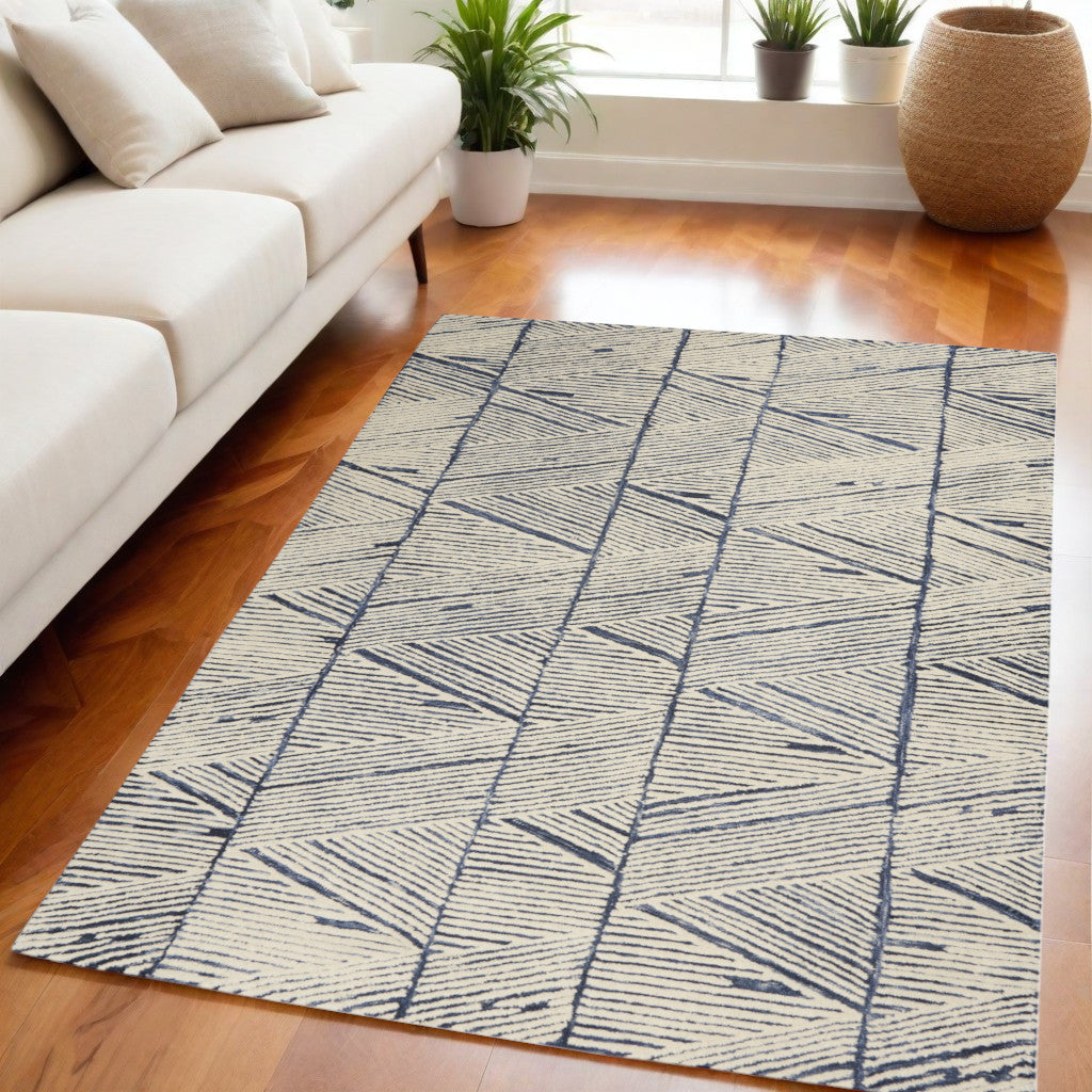 5' X 7' Blue And White Wool Abstract Area Rug