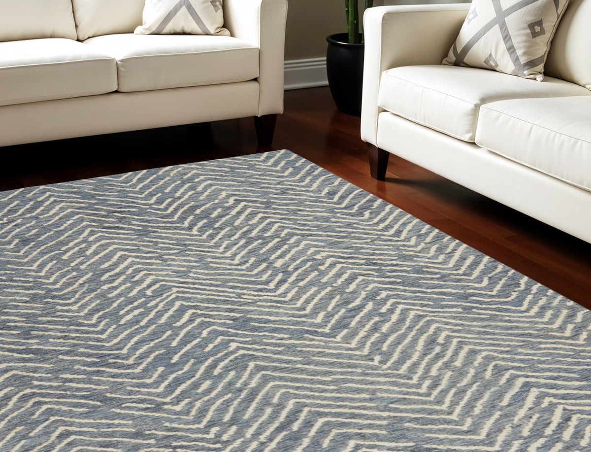 8' X 12' Indigo and Ivory Wool Chevron Area Rug