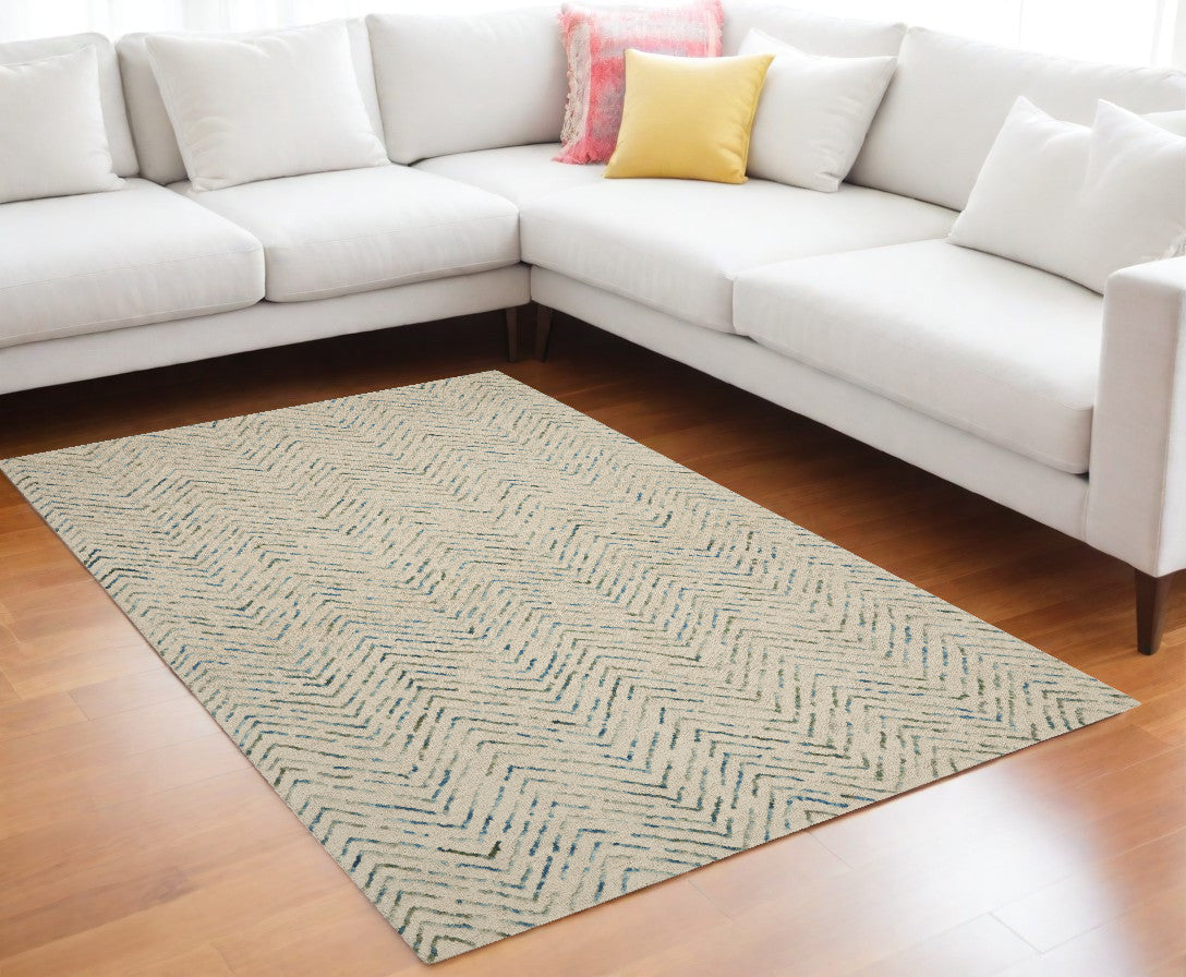 8' X 12' Ivory Blue and Green Wool Chevron Area Rug