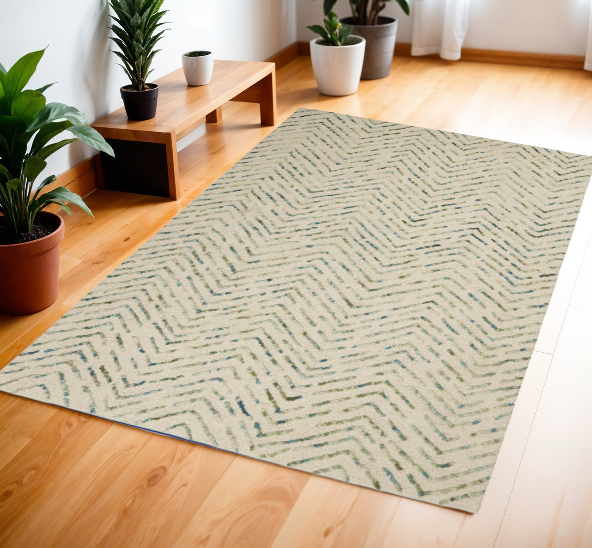 4' X 6' Ivory Blue and Green Wool Chevron Area Rug