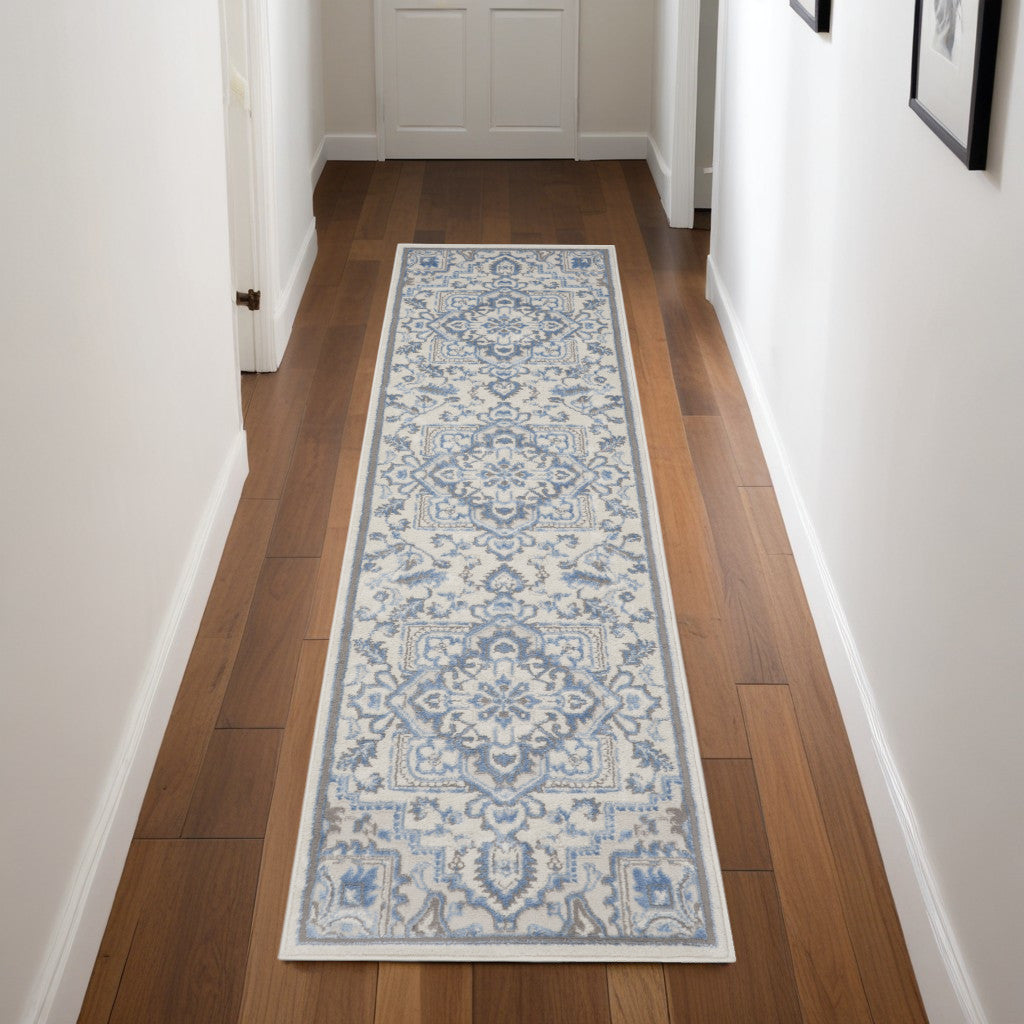 8' Ivory Blue and Gray Floral Non Skid Runner Rug