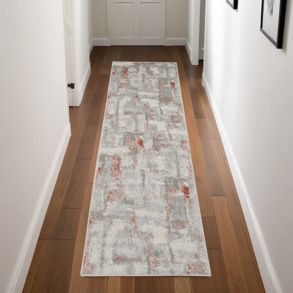 8' Gray and Red Abstract Non Skid Runner Rug