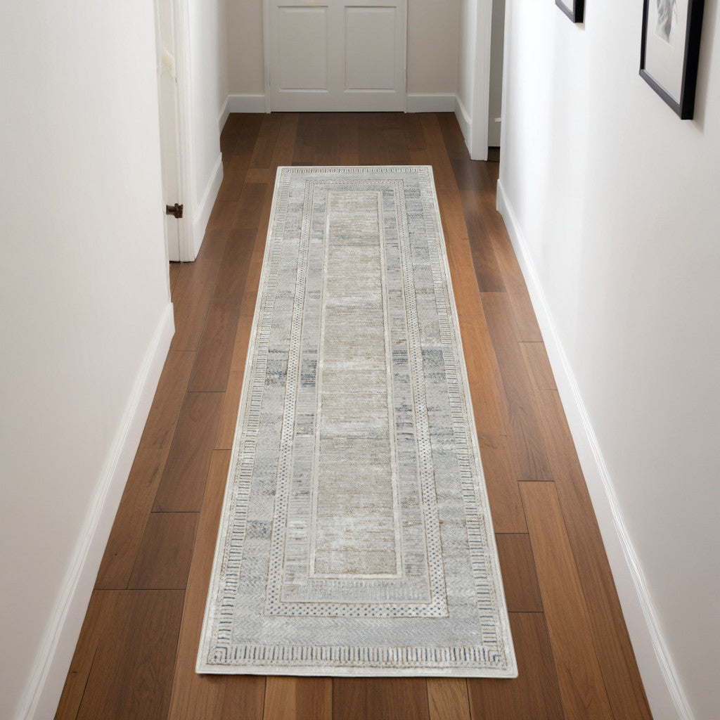 8' Gray and Ivory Geometric Non Skid Runner Rug