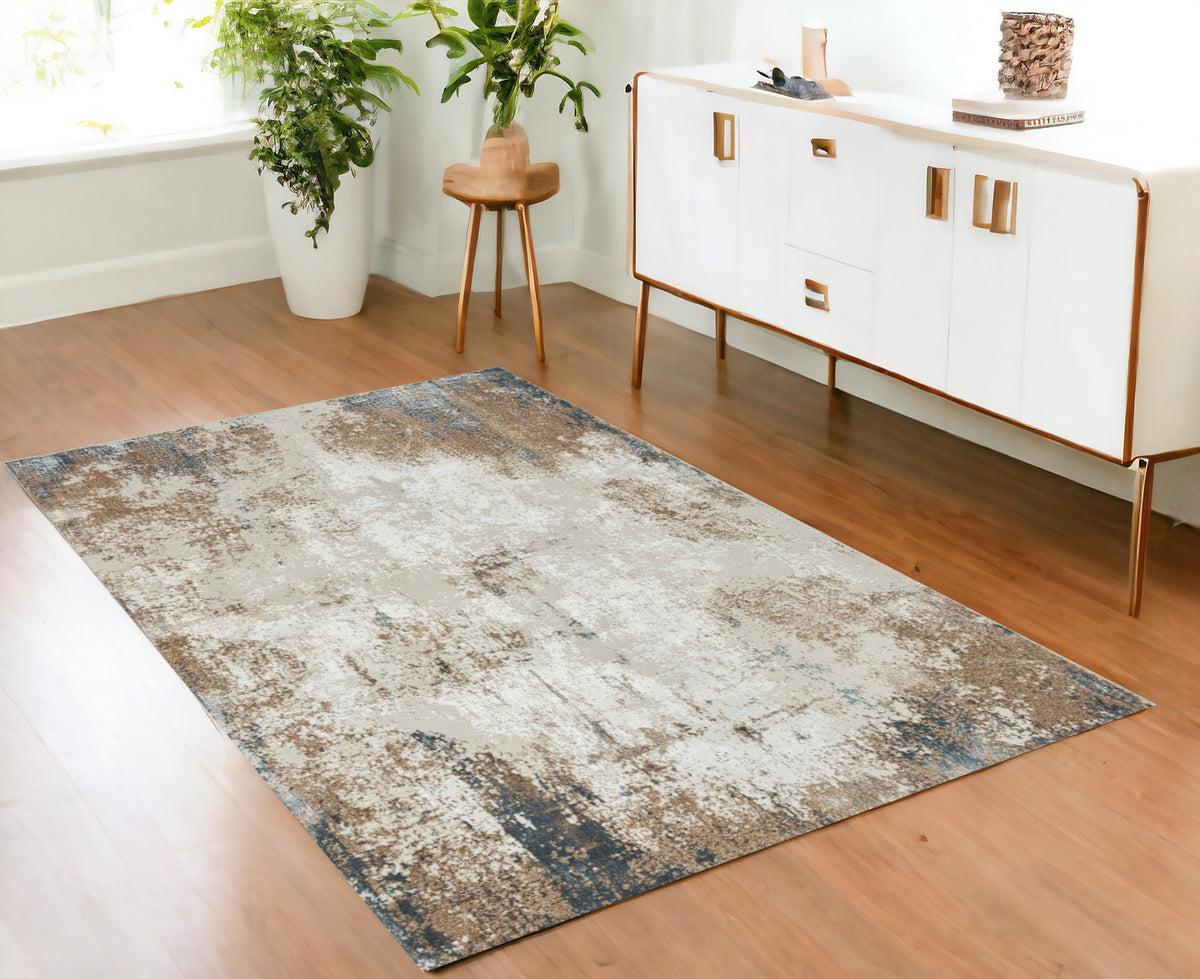 4' X 6' Ivory Charcoal and Taupe Abstract Distressed Non Skid Area Rug