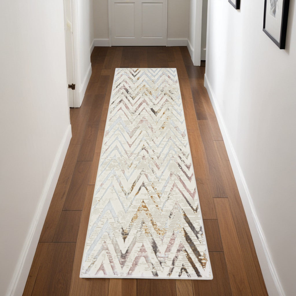 8' Ivory Black and Gray Chevron Distressed Non Skid Runner Rug