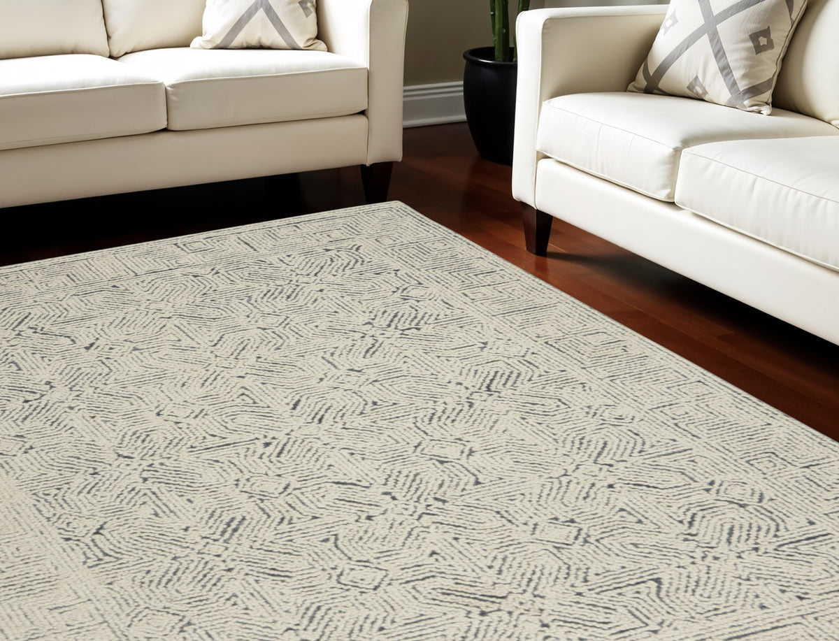 8' X 12' Navy Blue and Ivory Wool Abstract Area Rug