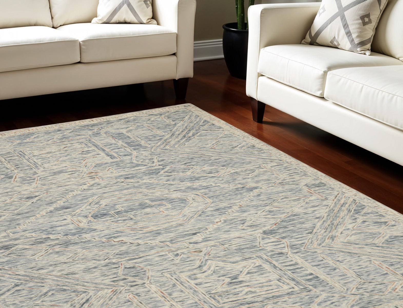 8' X 11' Tan and Blue Wool Geometric Area Rug