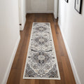 8' Ivory Black and Gray Floral Medallion Non Skid Runner Rug