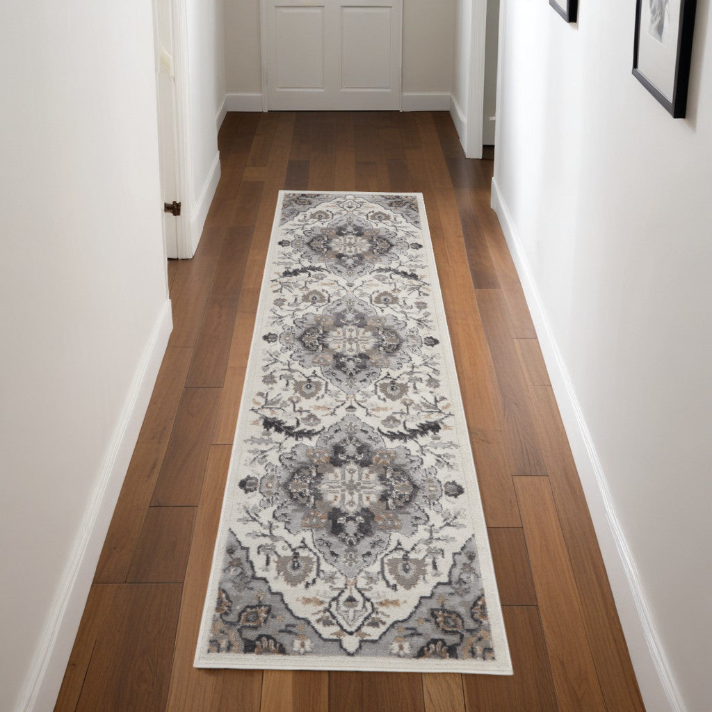 8' Ivory Black and Gray Floral Medallion Non Skid Runner Rug