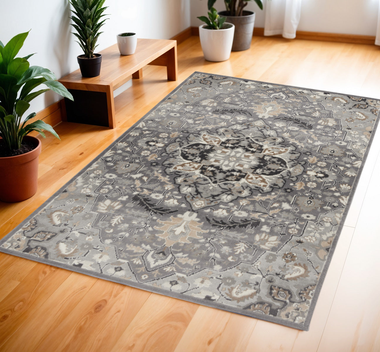 4' X 6' Gray and Black Floral Medallion Non Skid Area Rug
