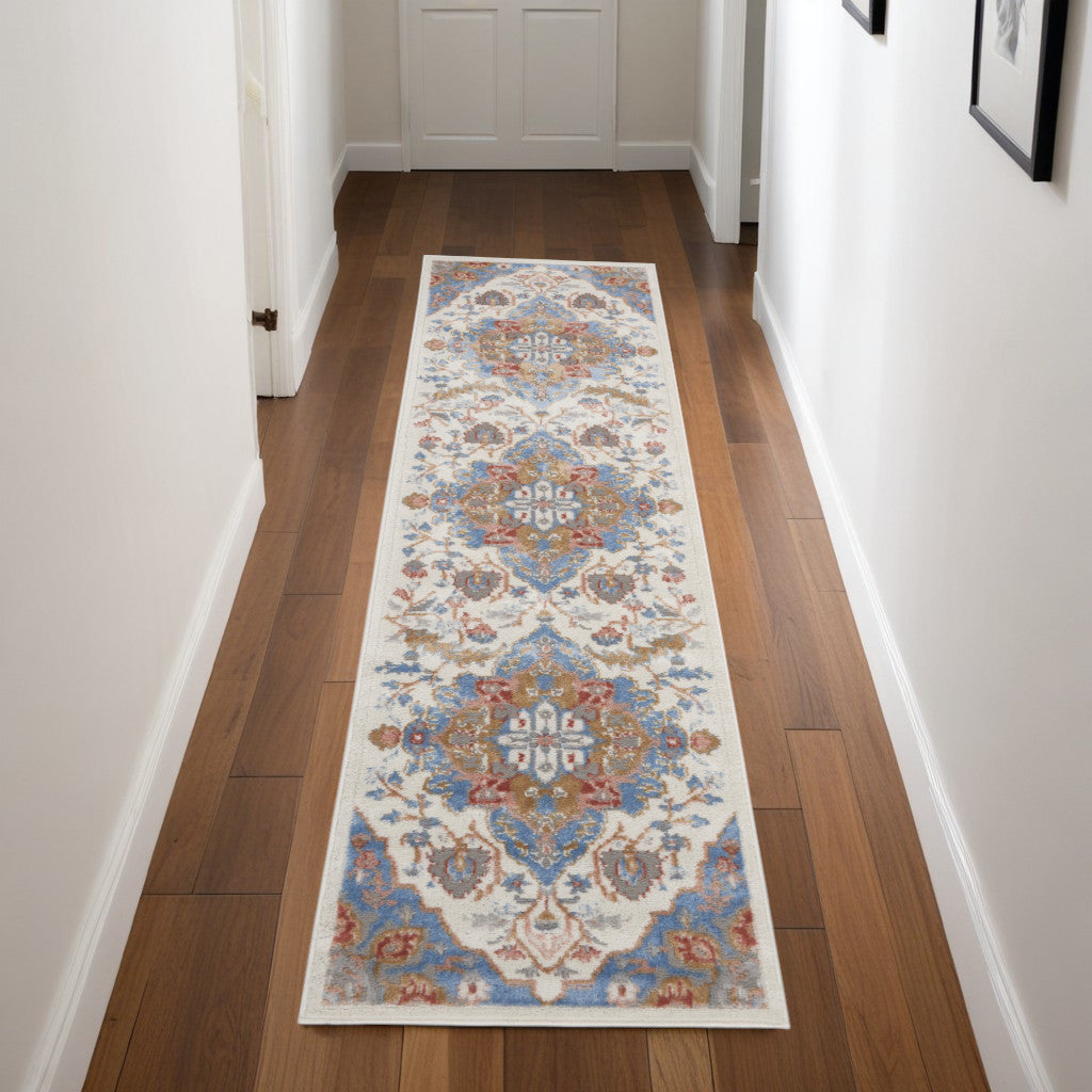 8' Ivory Tan and Blue Floral Medallion Non Skid Runner Rug