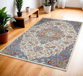 4' X 6' Ivory Tan and Blue Floral Medallion Non Skid Area Rug