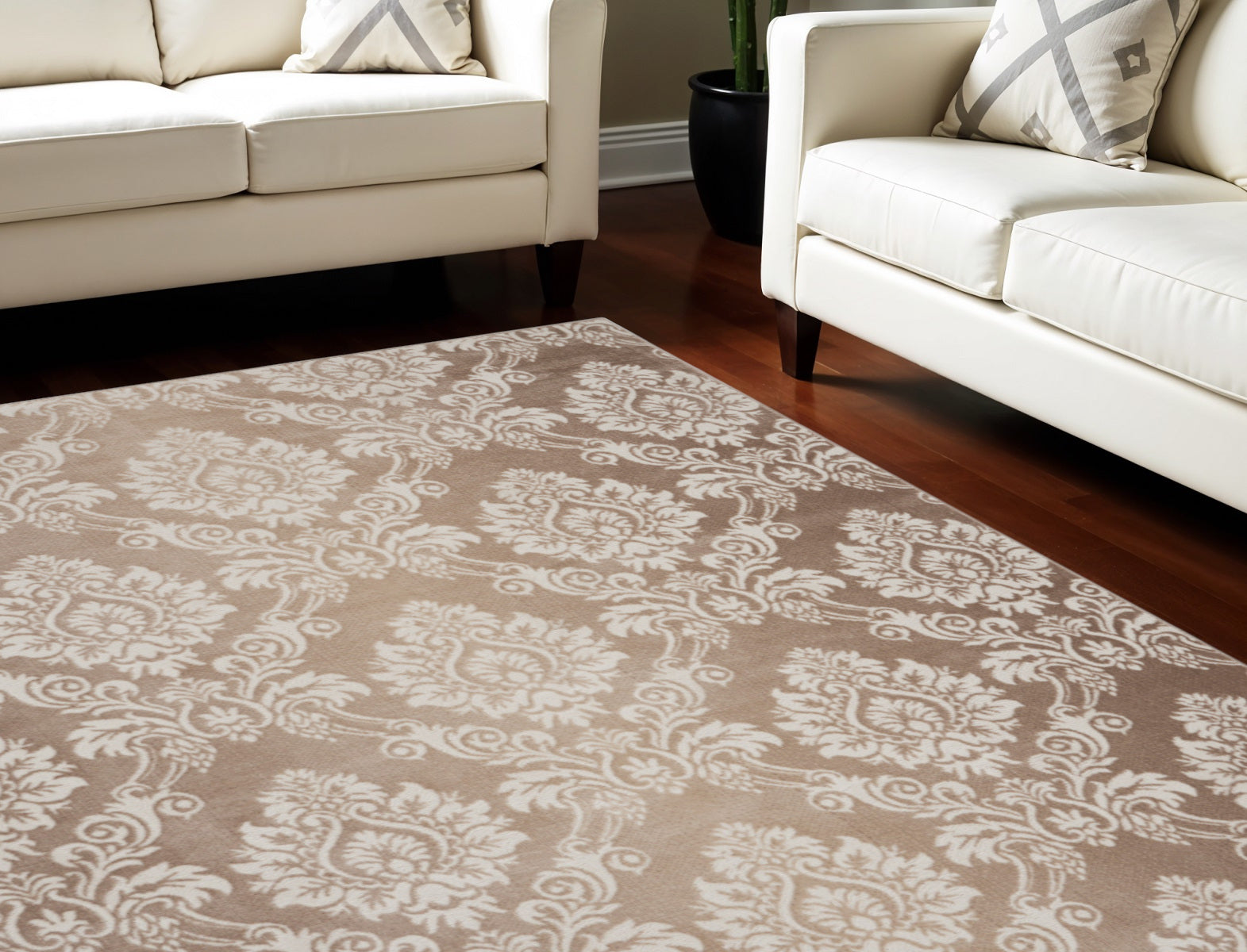 9' X 12' Ivory and Brown Damask Distressed Non Skid Area Rug