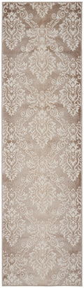8' Ivory and Brown Damask Distressed Non Skid Runner Rug