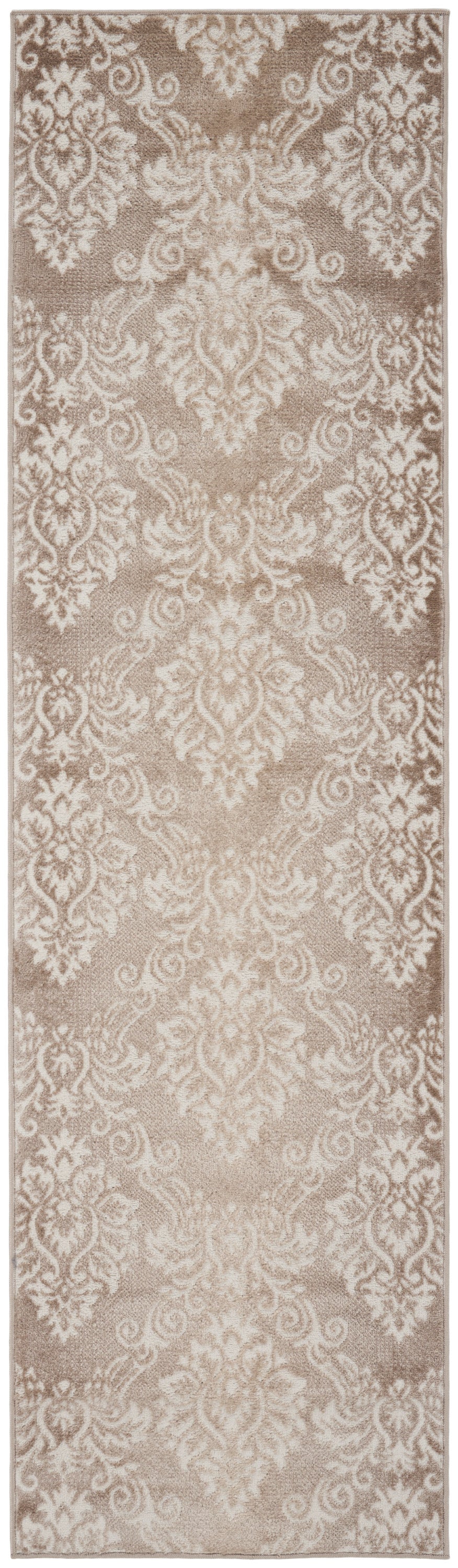 8' Ivory and Brown Damask Distressed Non Skid Runner Rug