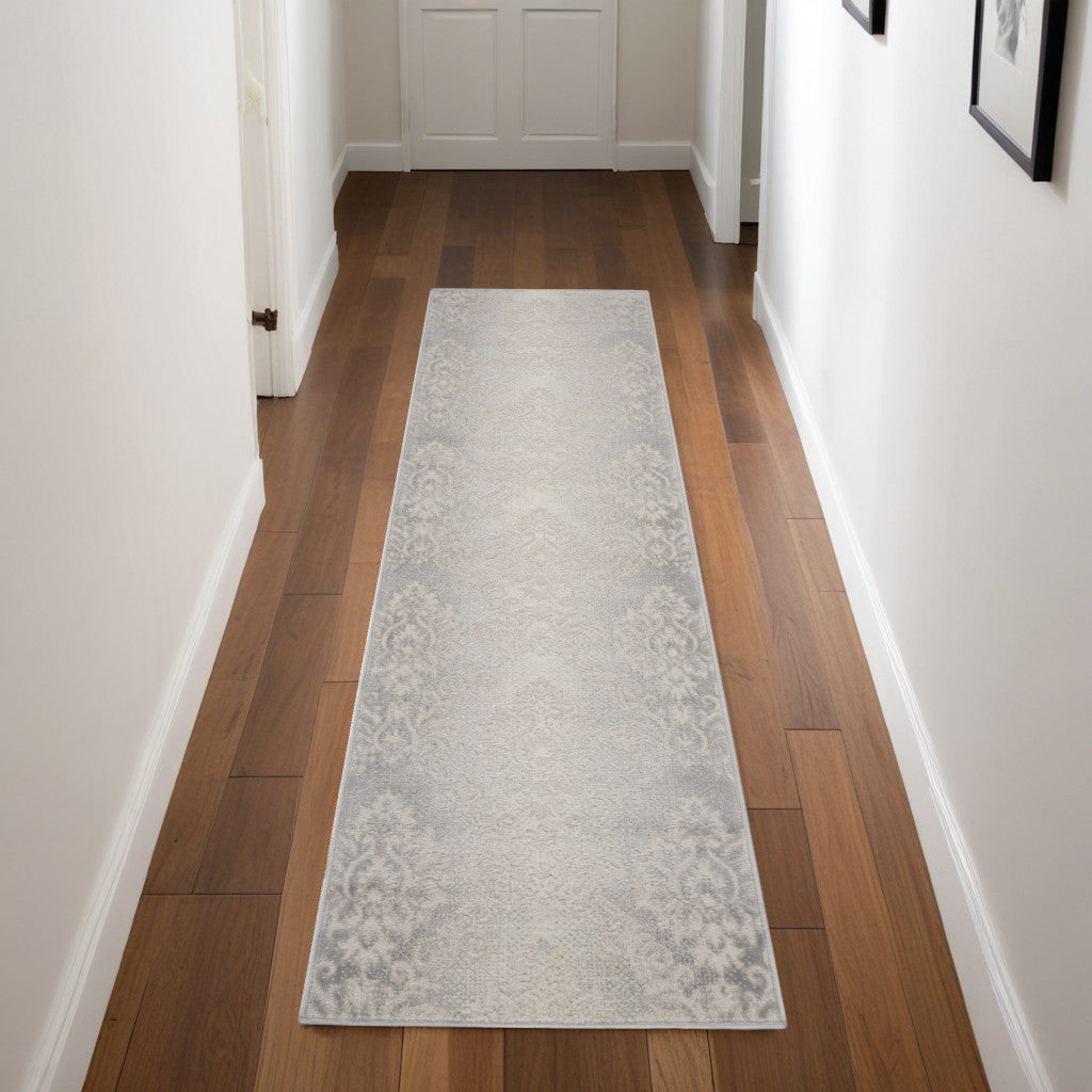 8' Gray and Ivory Damask Distressed Non Skid Runner Rug