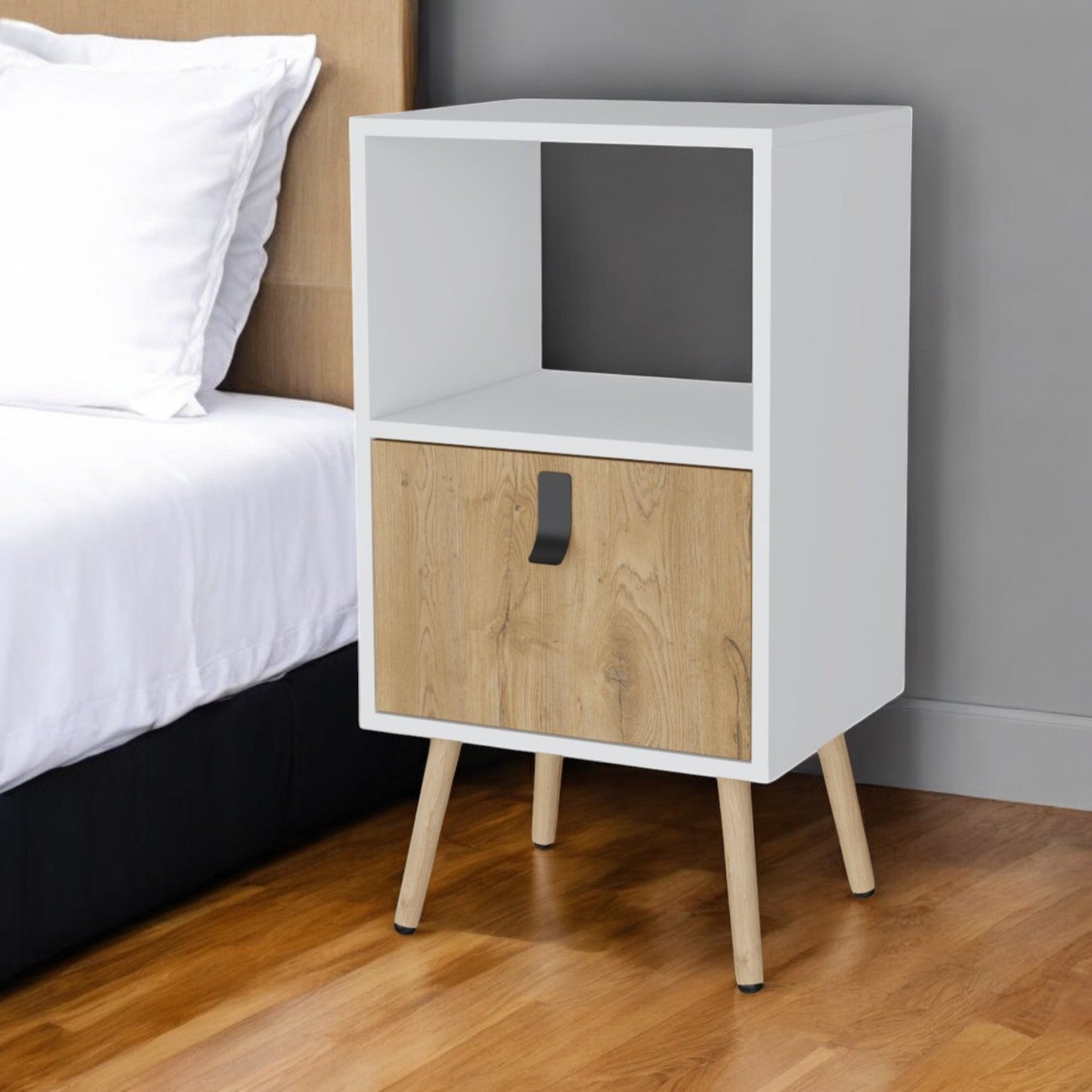 30'' White And Natural Wood One Drawer Nightstand