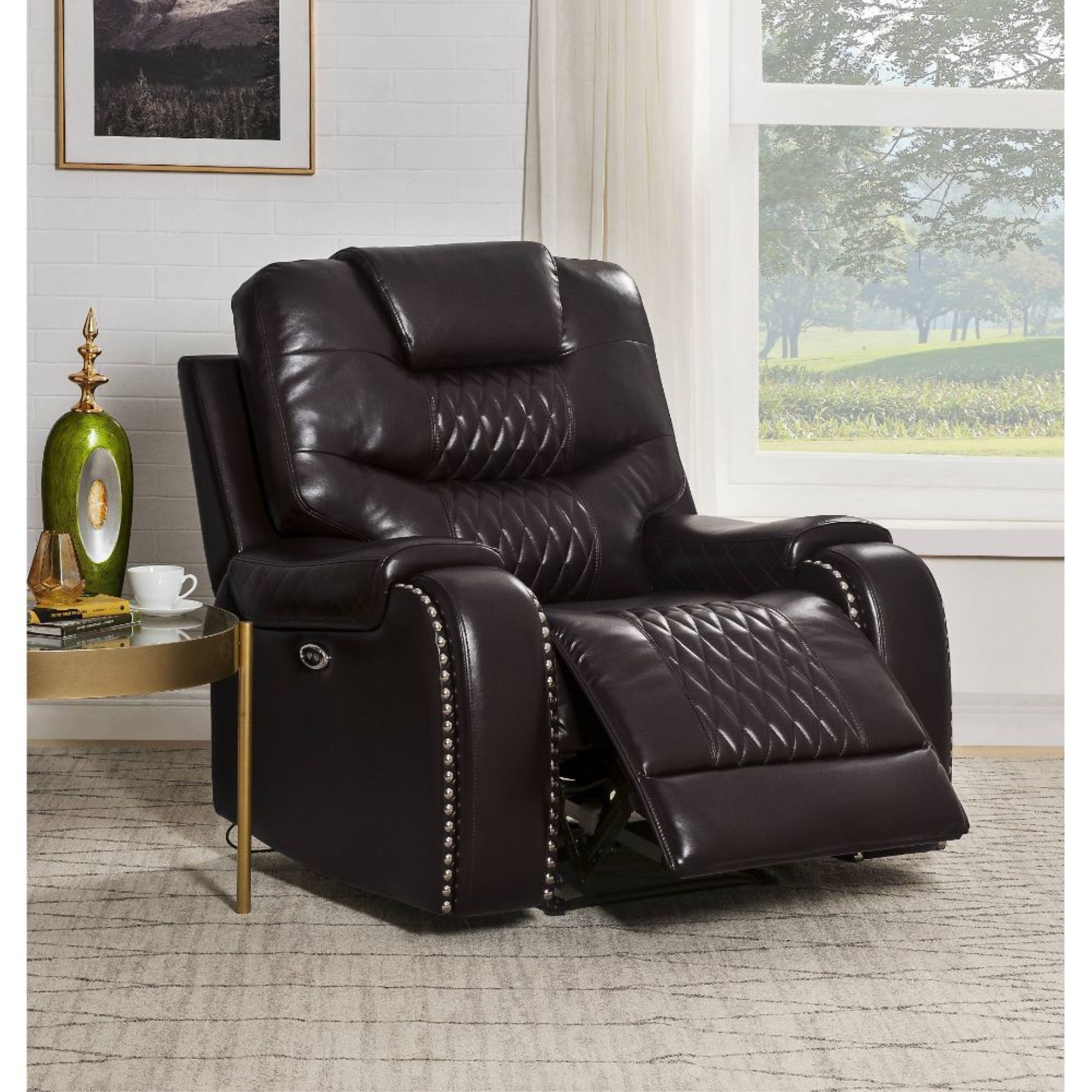 Acme Braylon Faux Leather Tufted Power Motion Recliner In Brown