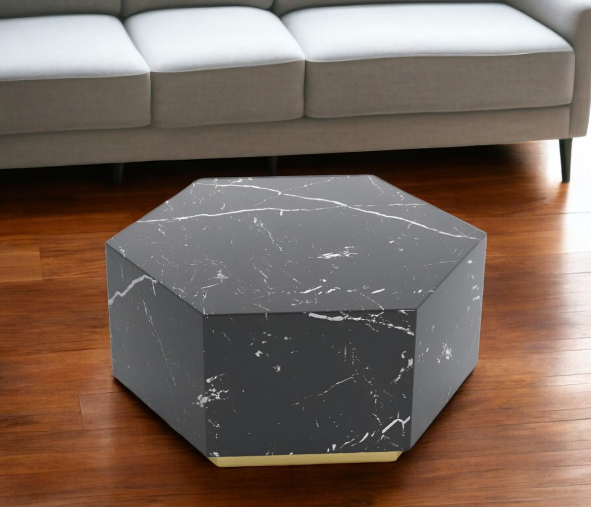 35'' Black And Gold Faux Marble Hexagon Drum Coffee Table