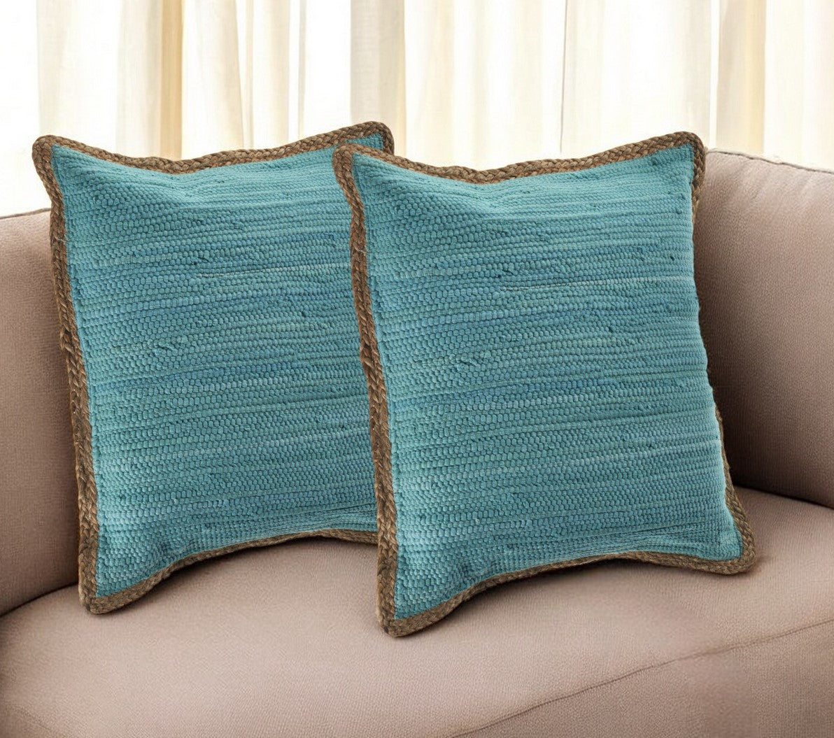 Set of Two 20'' Turquoise Cotton And Jute Throw Pillows with Texture