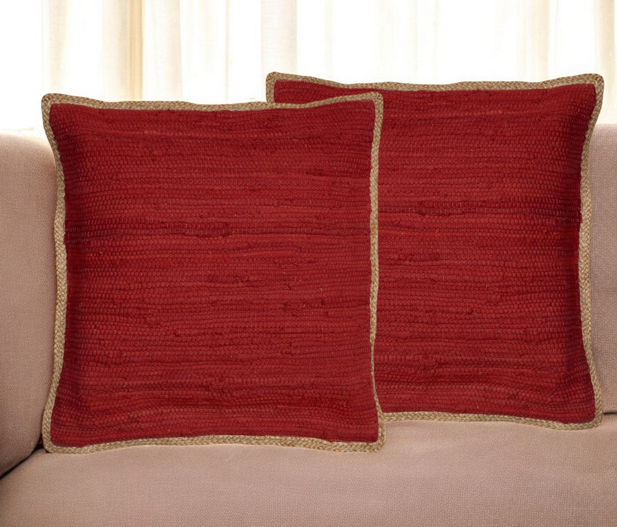 Set of Two 20'' Red Cotton And Jute Throw Pillows with Texture