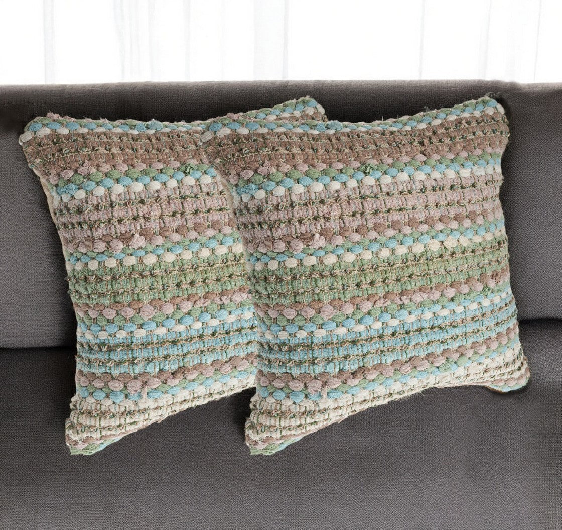 Set of Two 18'' Beige Blue and Green Striped Cotton Blend Throw Pillows