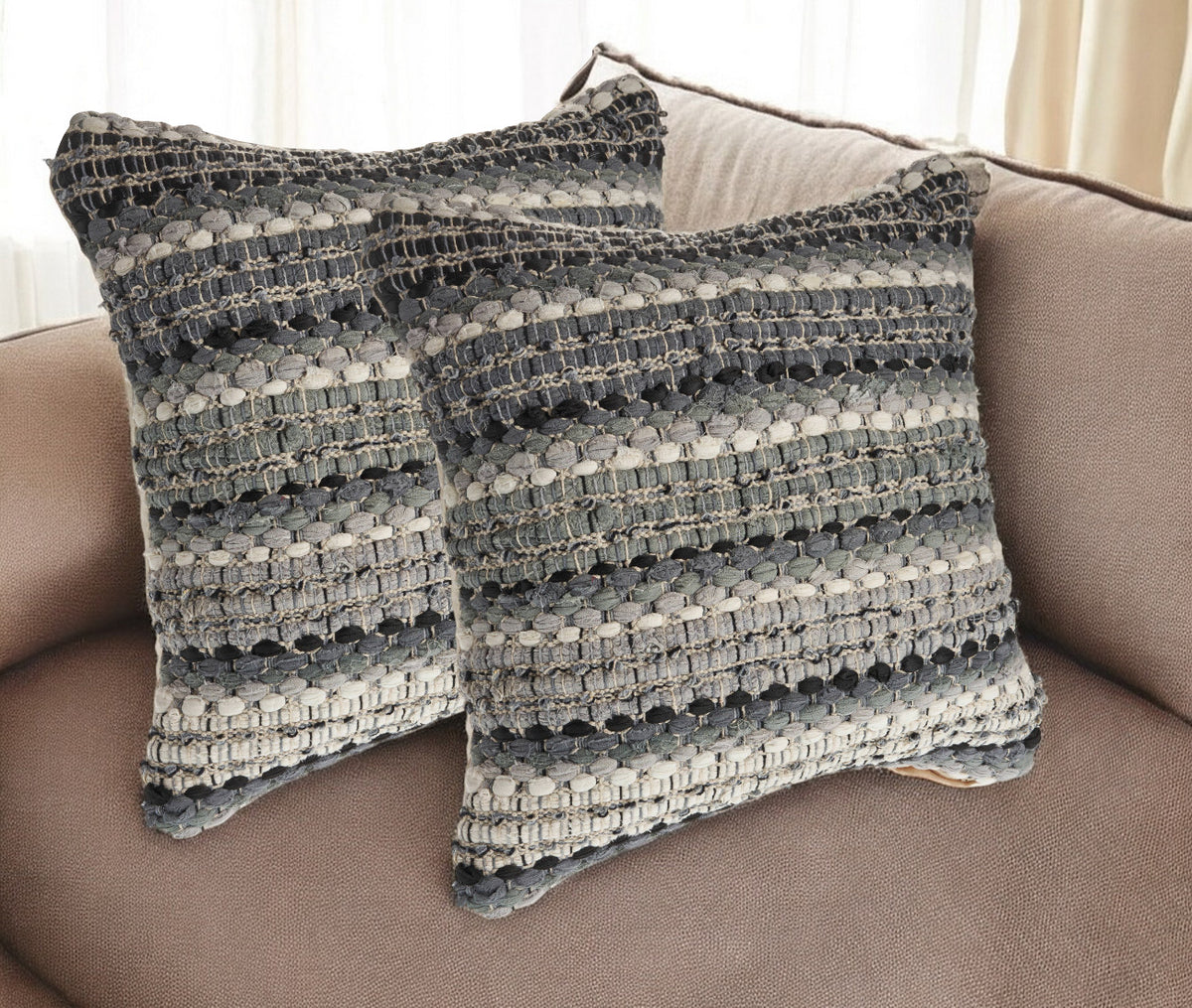 Set of Two 18'' Black Gray and Ivory Striped Cotton Blend Throw Pillows with Texture