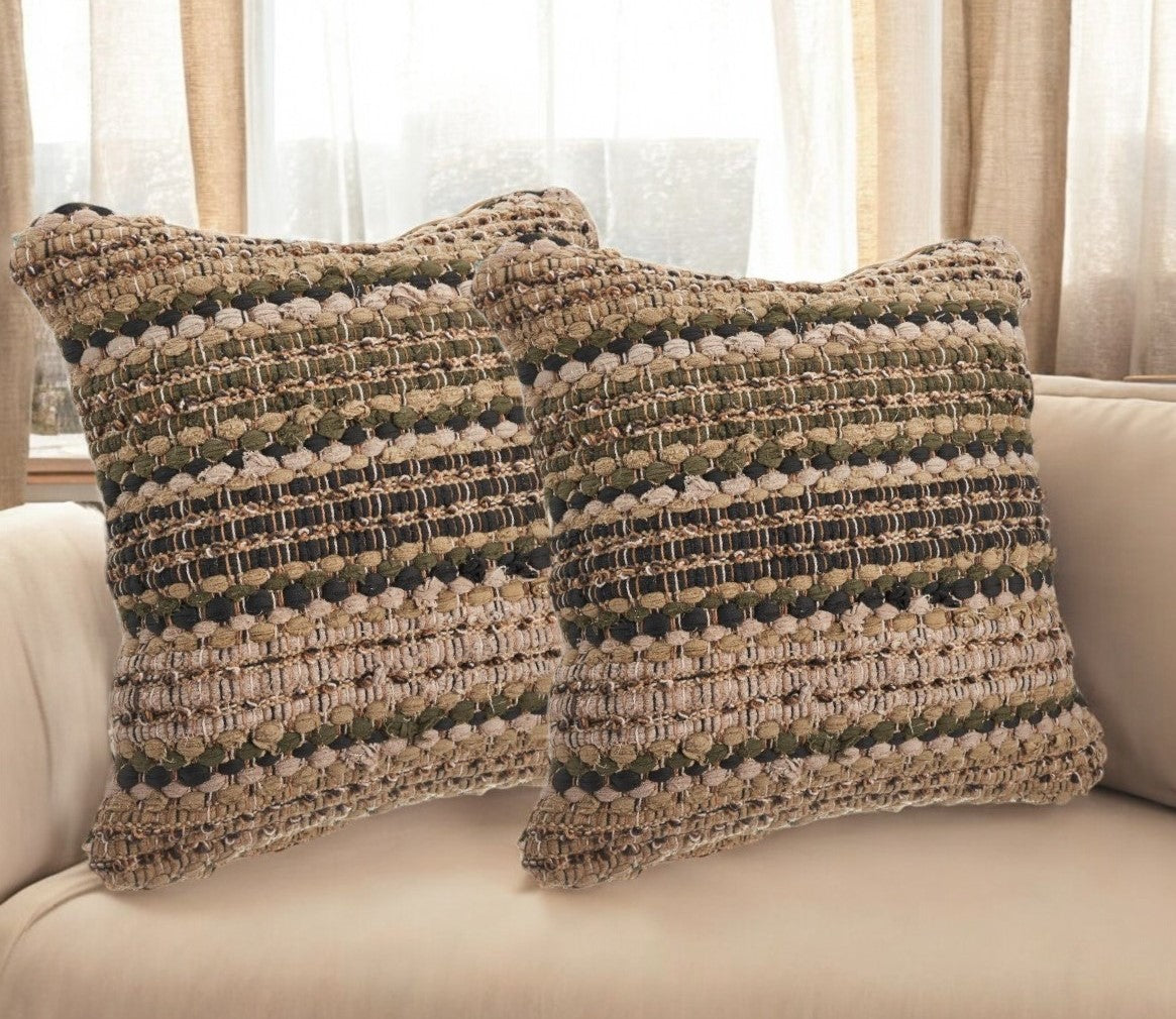 Set of Two 18'' Brown and Dark Green Striped Cotton Blend Throw Pillows with Texture