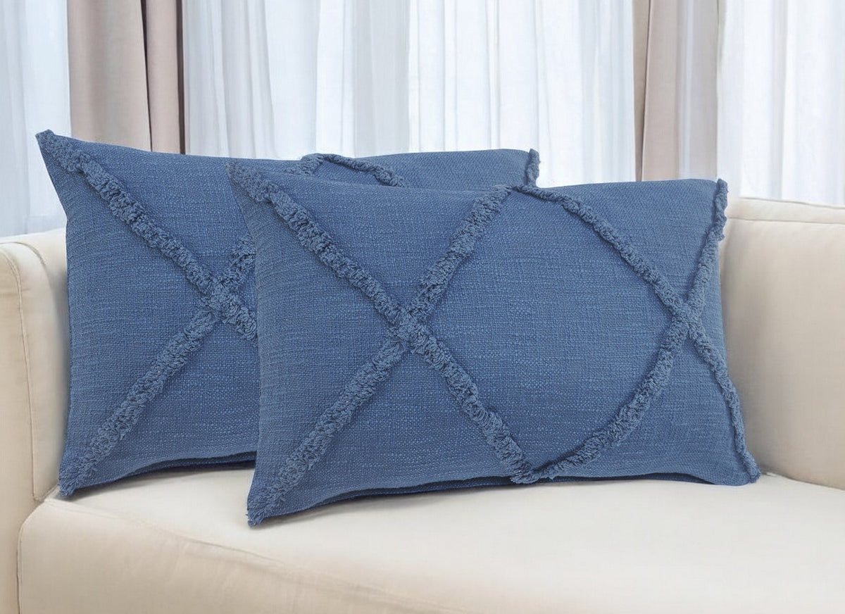 Set of Two 16'' X 24'' Blue Diamond Cotton Lumbar Throw Pillow With Fringe