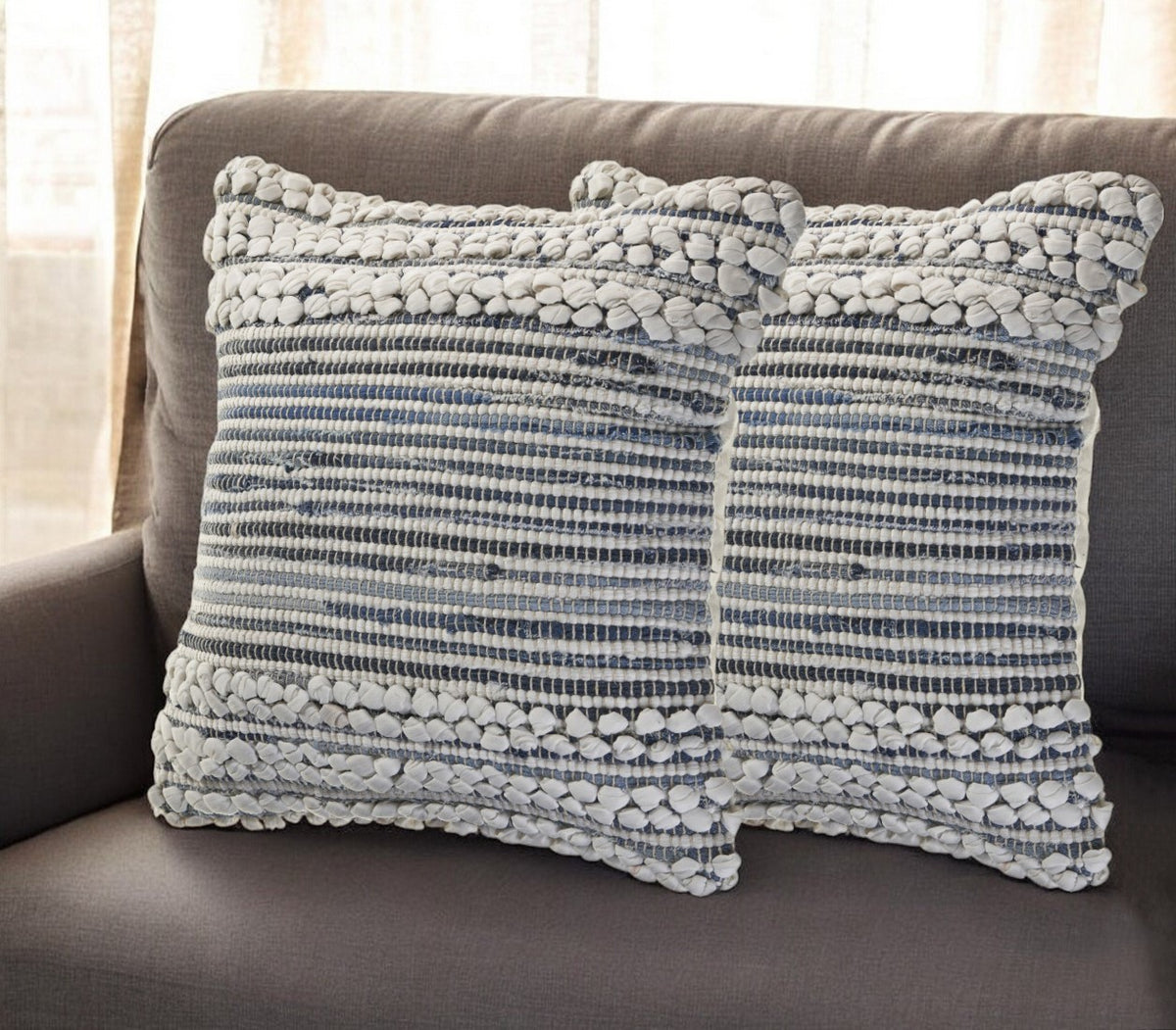 Set of Two 18'' Blue And Ivory Cotton Throw Pillows with Texture