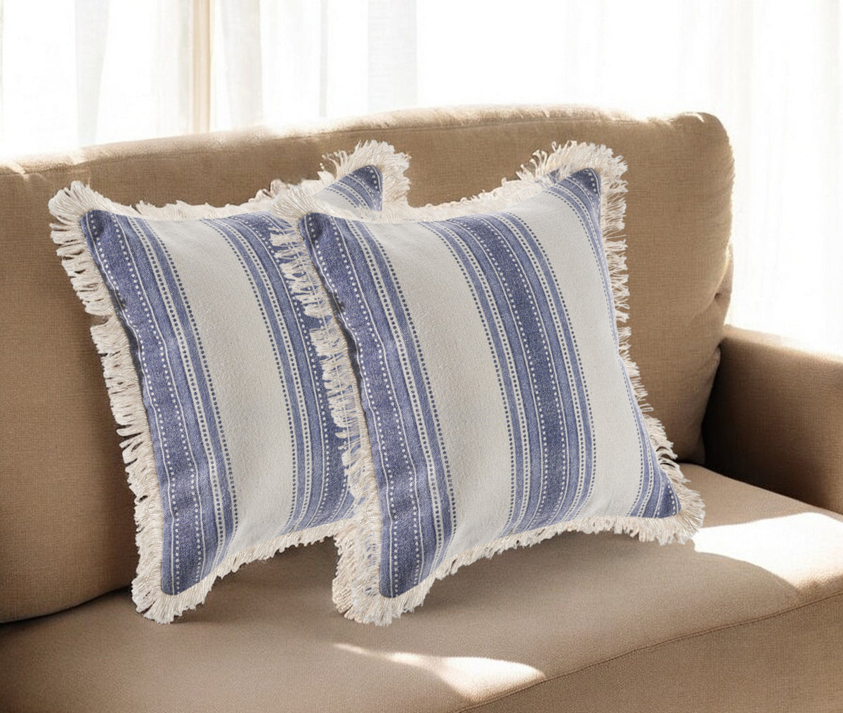 Set of Two 18'' Blue and Cream Cotton Throw Pillows with Fringe