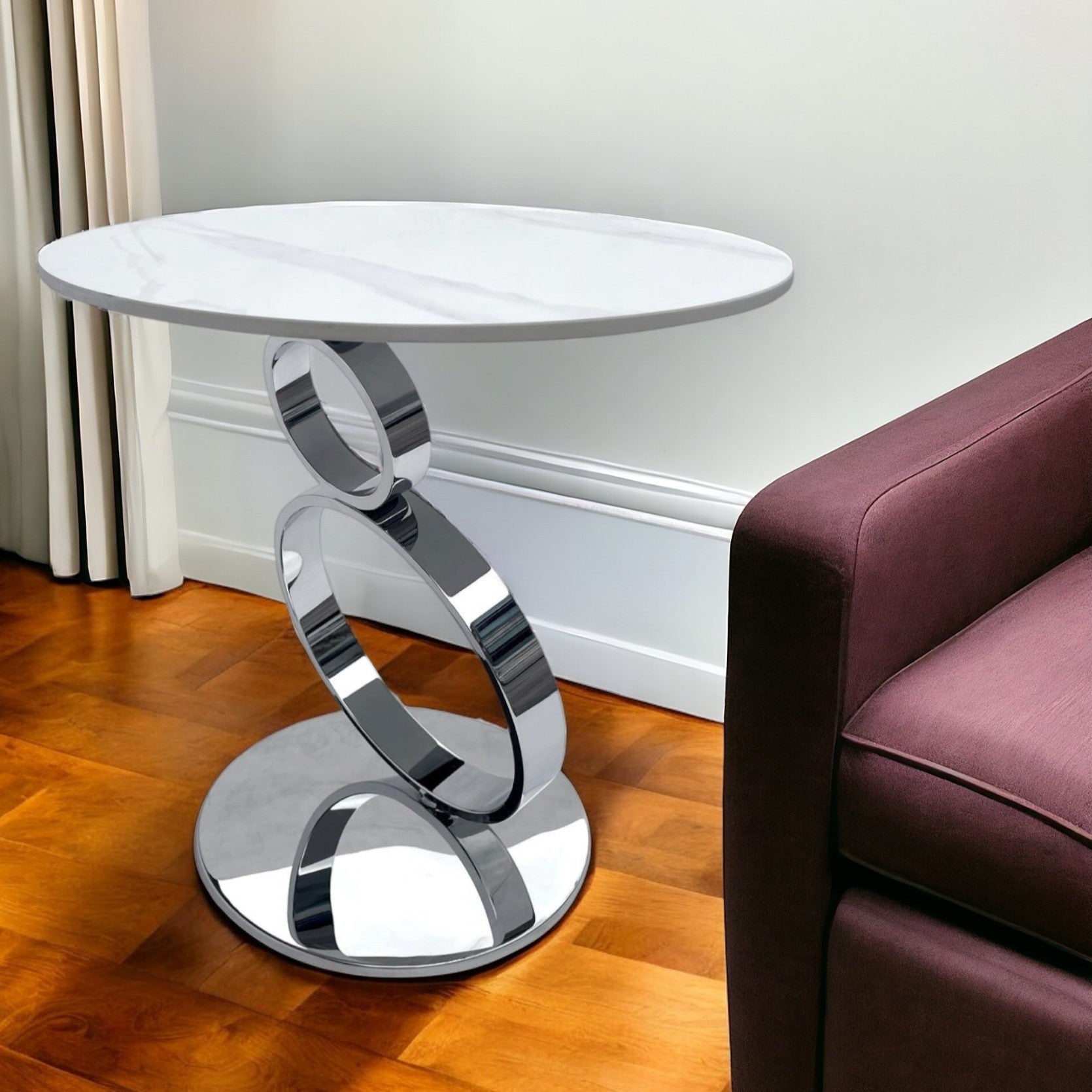 21'' White And Silver Stone And Stainless Steel Round Pedestal End Table