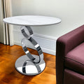 21'' White And Silver Stone And Stainless Steel Round Pedestal End Table