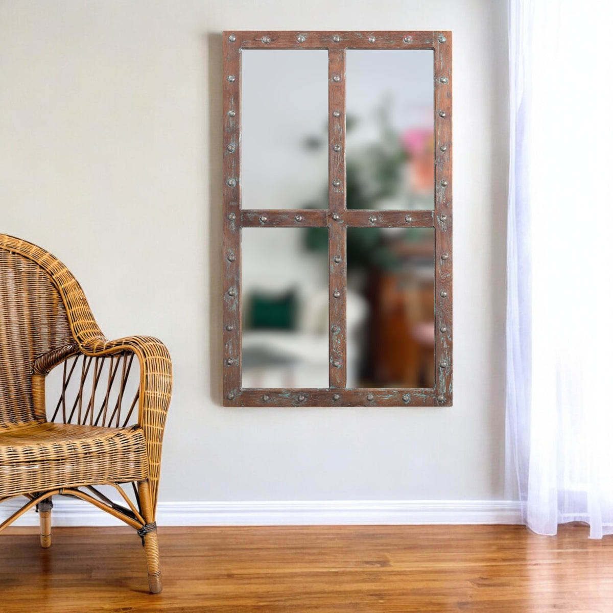 60'' Wood Brown Rustic Solid Wood Window Pane Framed Accent Mirror