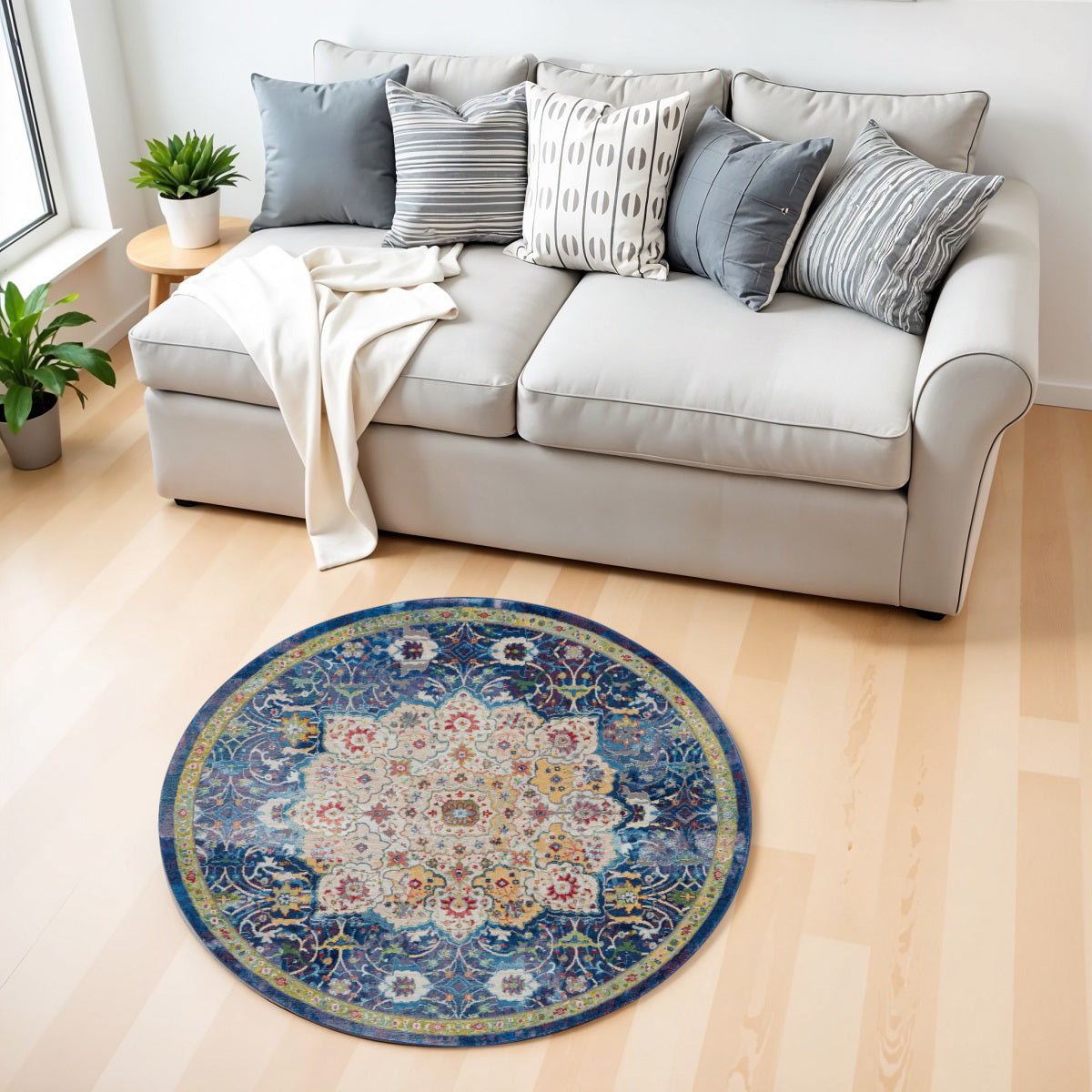 4' Navy Blue and Gold Medallion Distressed Non Skid Round Rug