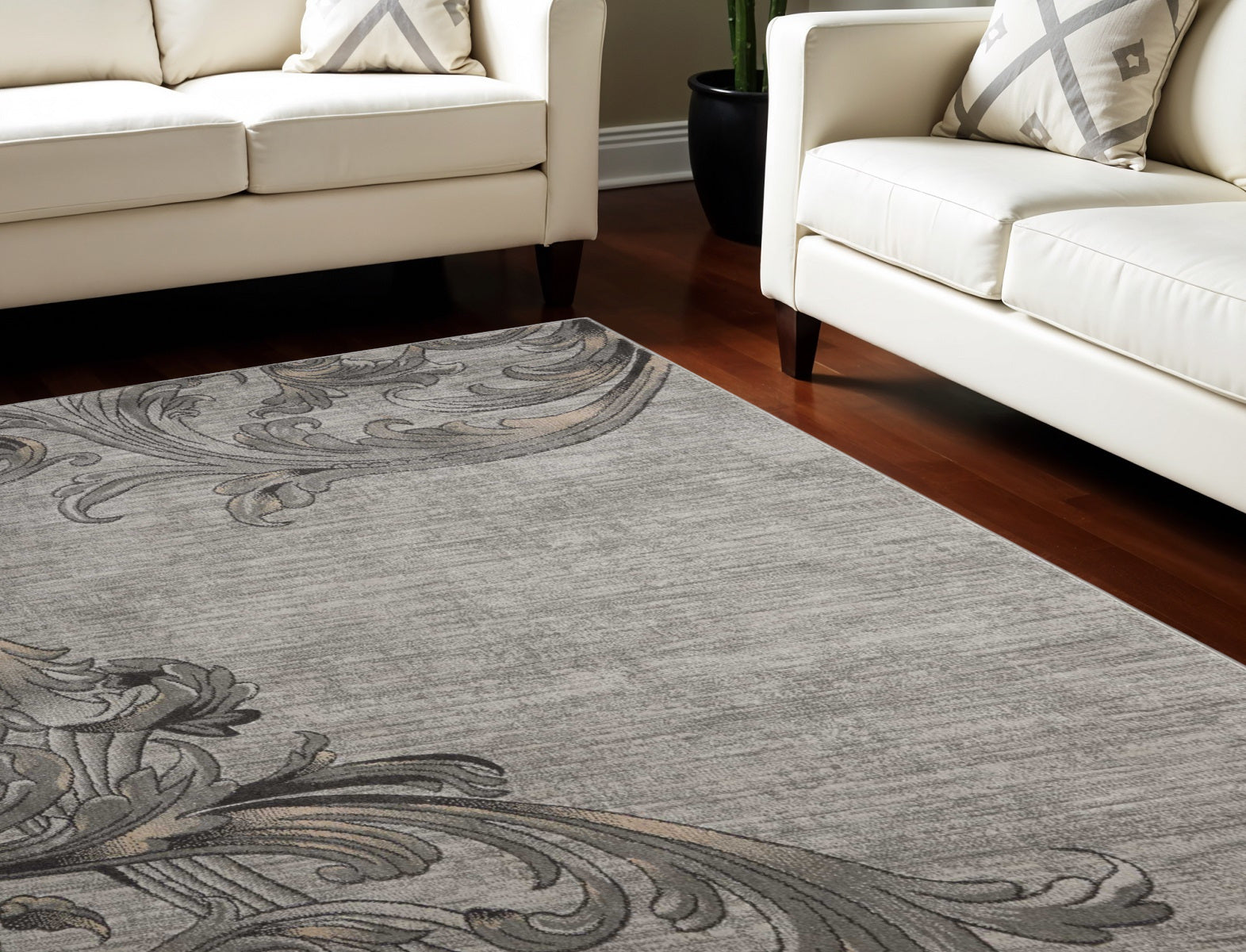 9' X 13' Graphite and Black Floral Vines Area Rug
