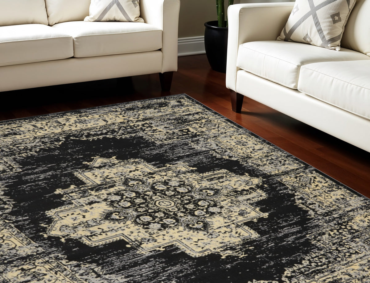 9' X 12' Black and Tan Medallion Distressed Non Skid Area Rug