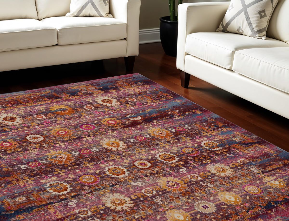 9' X 12' Blue Yellow And Red Floral Distressed Non Skid Area Rug