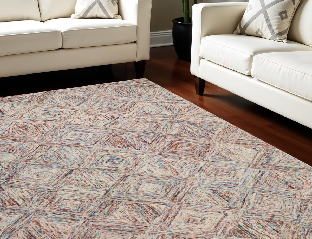 8' X 11' Ivory Red and Blue Wool Geometric Area Rug