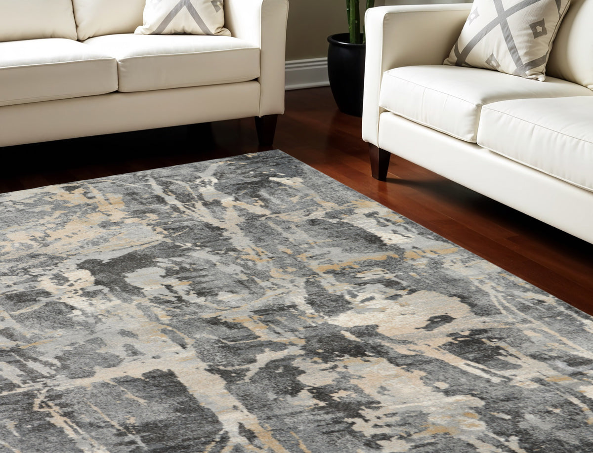 8' X 11' Ivory Black and Gray Abstract Area Rug